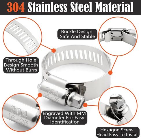 185Pcs Hose Clamps 304 Stainless Steel Assortment Kit,Adjustable 1/4"-2"(6-51mm) Worm Gear Hose Clamp For Fuel Line,Pipeline,Automotive,Radiator Plumbing,Industry,Garden in Kuwait