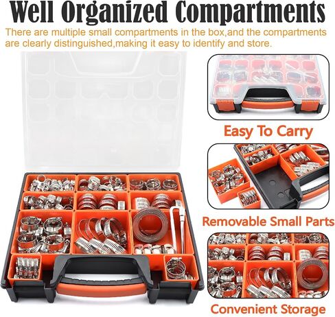 185Pcs Hose Clamps 304 Stainless Steel Assortment Kit,Adjustable 1/4"-2"(6-51mm) Worm Gear Hose Clamp For Fuel Line,Pipeline,Automotive,Radiator Plumbing,Industry,Garden in Kuwait