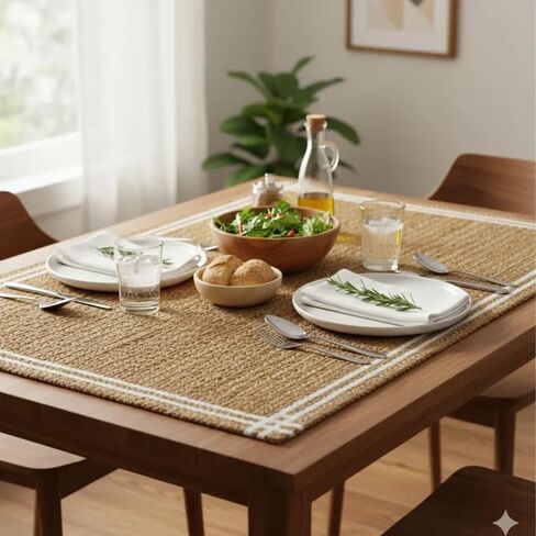 Jute Braided Placemat in Beige with White Straps – Decorative Table Mat for Kitchen, Dining Table, Restaurants & Housewarming Gift 20X60 Inches in Kuwait