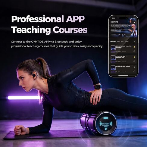 أسطوانة إسفنجية اهتزازية مع تحكم ذكي في التطبيق، أسطوانة تدليك كهربائية عميقة بخمس سرعات لتخفيف آلام الظهر، واستعادة العضلات، والعلاج الطبيعي، واليوجا، والرقبة، وآلام الساق - قابلة للشحن ومحمولة in Kuwait