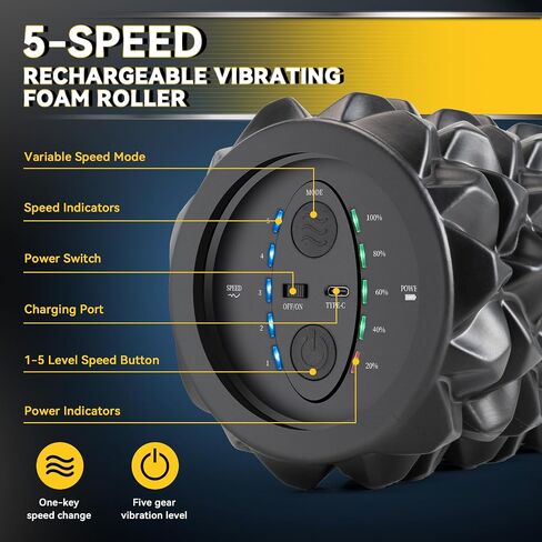 Vibrating Foam Roller, High Density Massage Roller for Back Pain Relief & Muscle Recovery and Physical Therapy, 5-Speed Rechargeable Exercise Roller, 2 Modes in Kuwait