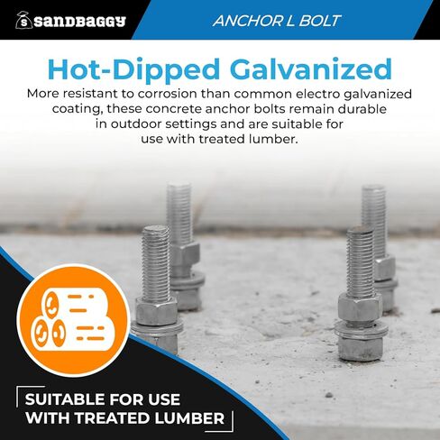 مسامير تثبيت خرسانية ملولبة مقاس 1 × 24 بوصة من Sandbaggy (تشمل الصواميل والغسالات) - مجلفنة بالغمس الساخن - لوحة عتبة، لوحة قاعدة، بناء، خشب، مرساة أسمنتية، مسمار J (2، 1 بوصة × 24 بوصة) in Kuwait