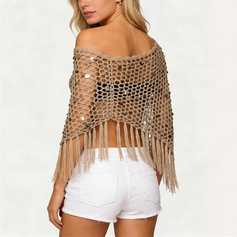 Women Sheer Poncho Tops Crochet Knit Tassels Sequin Shrug Bolero Hollow Out Cover Ups Pullover Shawl in Kuwait