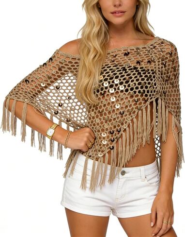 Women Sheer Poncho Tops Crochet Knit Tassels Sequin Shrug Bolero Hollow Out Cover Ups Pullover Shawl in Kuwait