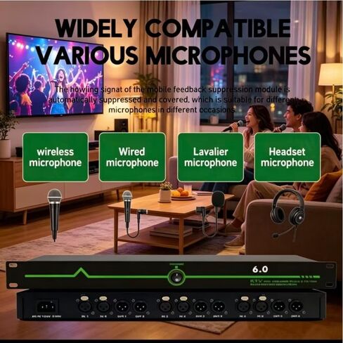 RQG Professional Feedback Suppressor, 6-in and 6-Out Microphone Anti-Howl Feedback Eliminator, 5-Level Digital Anti-Squealing, 12 Segments High Fidelity Retention, Perfect Sound Effects（Green） in Saudi Arabia