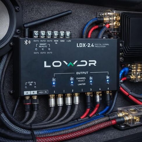 LOWDR Car Audio LDX 2.4 معالج الإشارة الرقمية والمعادل، 4 مخارج 2 مدخل DSP مع التحكم في تطبيق البلوتوث، معادل بارامتري، كروس، ومحدد in Kuwait