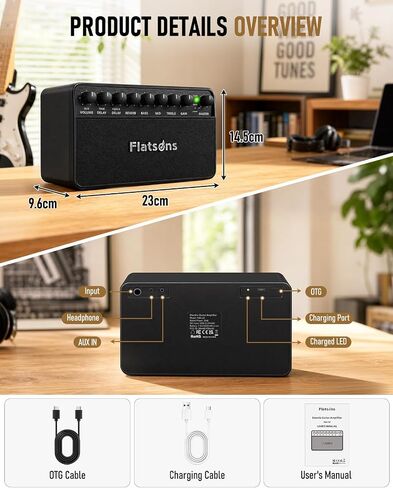 فلاتسونز FBA-20 مضخم جيتار كهربائي محمول، 20 وات قابل لإعادة الشحن، مضخم كومبو للجيتار مع قنوات نظيفة ومحرك، تأخير ريفيرب إي كيو، تسجيل OTG، للمبتدئين، الاستخدام المنزلي، اللعب في الفناء الخلفي in Kuwait
