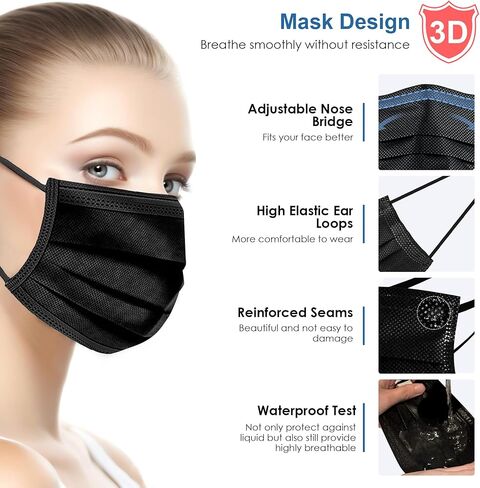 NNPCBT Black Disposable Face Masks 50PCS 3 Ply in Kuwait