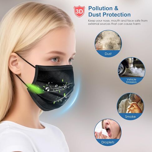 NNPCBT Black Disposable Face Masks 50PCS 3 Ply in Kuwait