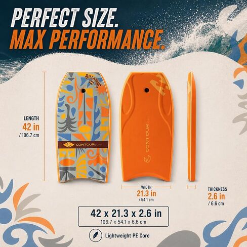 لوحات الجسم Billabong x CONTOUR SURF مقاس 42 بوصة لحمام السباحة على الشاطئ خفيفة الوزن من مادة PE Core IXPE Deck HDPE أسفل FRP Stringers لوحة جسم عالية الأداء مع مقود ركوب الأمواج المزدوج الدوار Lightning Tangerine in Kuwait