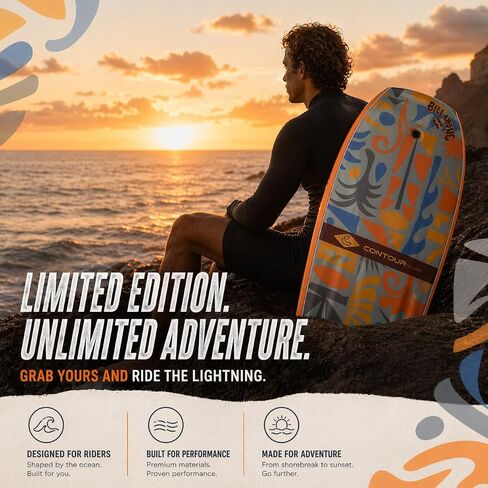 لوحات الجسم Billabong x CONTOUR SURF مقاس 42 بوصة لحمام السباحة على الشاطئ خفيفة الوزن من مادة PE Core IXPE Deck HDPE أسفل FRP Stringers لوحة جسم عالية الأداء مع مقود ركوب الأمواج المزدوج الدوار Lightning Tangerine in Kuwait