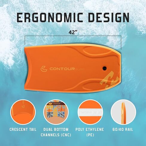 لوحات الجسم Billabong x CONTOUR SURF مقاس 42 بوصة لحمام السباحة على الشاطئ خفيفة الوزن من مادة PE Core IXPE Deck HDPE أسفل FRP Stringers لوحة جسم عالية الأداء مع مقود ركوب الأمواج المزدوج الدوار Lightning Tangerine in Kuwait
