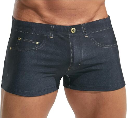 SEAUR Men's Square Leg Swim Trunks Sexy Denim Print Swimwear Low Rise Beach Shorts with Inner Drawstring in Kuwait