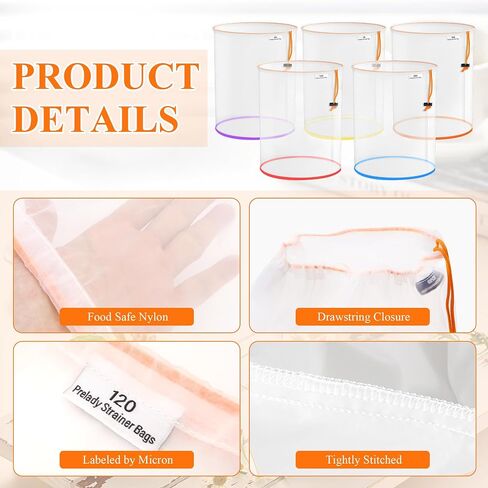 5 Pack 5 Gallon All-Mesh Filter Bags, 25/73/120/160/220 Micron Reusable Nylon Strainer Bags with 2 Pressing Screens and Storage Pouch for 5 Gallon Bucket, Hydroponic Vegetables, Herbal Tea in Kuwait