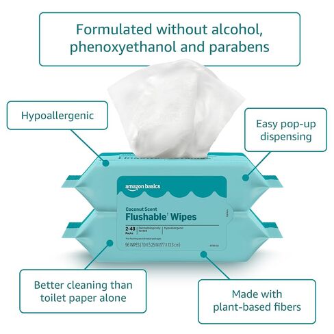 Amazon Basics Flushable Wipes, Coconut Scent, Hypoallergenic, Dermatologically Tested, 2 Packs of 48 (96 Count) in Saudi Arabia