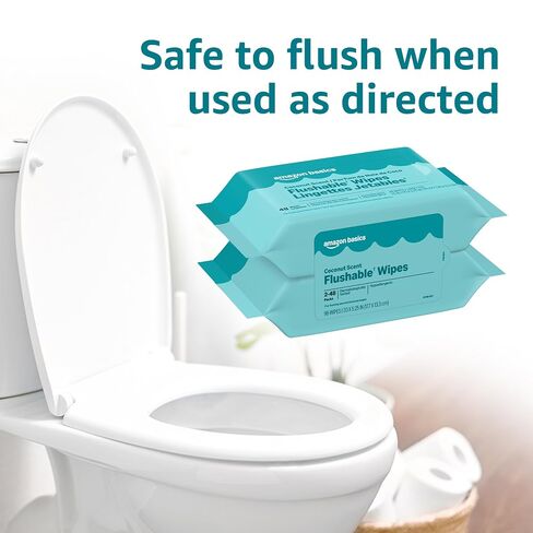 Amazon Basics Flushable Wipes, Coconut Scent, Hypoallergenic, Dermatologically Tested, 2 Packs of 48 (96 Count) in Saudi Arabia