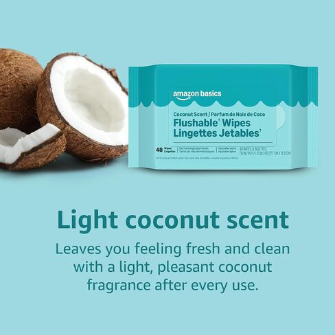 Amazon Basics Flushable Wipes, Coconut Scent, Hypoallergenic, Dermatologically Tested, 2 Packs of 48 (96 Count) in Saudi Arabia
