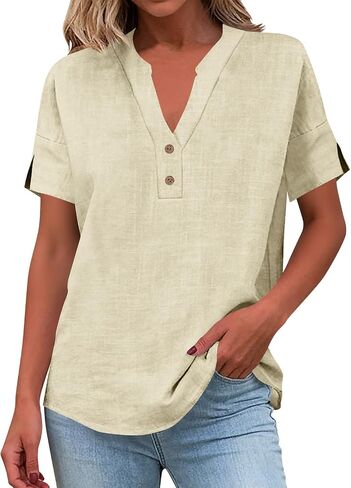 Linen Shirts for Women Short Sleeve Henley Tops V Neck Blouse Casual Summer Tee Shirts 2026 Vacation Fashion Clothes in Kuwait