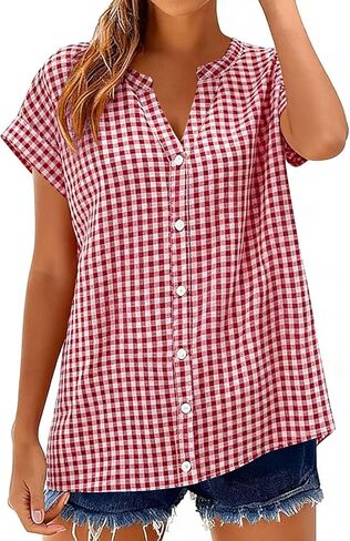 Linen Shirts for Women Short Sleeve Henley Tops Plaid V Neck Blouse Casual Summer Trendy Shirts 2026 Vacation Clothes in Kuwait