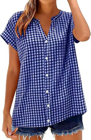 Linen Shirts for Women Short Sleeve Henley Tops Plaid V Neck Blouse Casual Summer Trendy Shirts 2026 Vacation Clothes in Kuwait