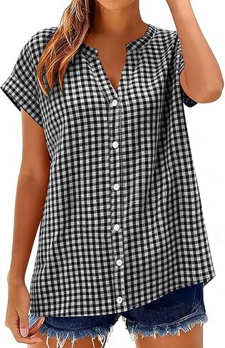 Linen Shirts for Women Short Sleeve Henley Tops Plaid V Neck Blouse Casual Summer Trendy Shirts 2026 Vacation Clothes in Kuwait
