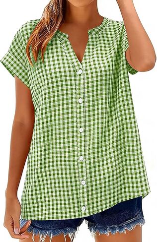 Linen Shirts for Women Short Sleeve Henley Tops Plaid V Neck Blouse Casual Summer Trendy Shirts 2026 Vacation Clothes in Kuwait