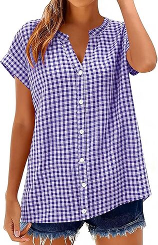 Linen Shirts for Women Short Sleeve Henley Tops Plaid V Neck Blouse Casual Summer Trendy Shirts 2026 Vacation Clothes in Kuwait