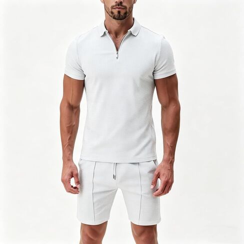 Men's 2 Piece Waffle Knit Outfits Summer Casual Short Sleeve Zip Polo Shirt Drawstring Pocket Shorts Set in Kuwait