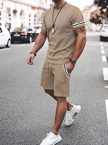 Men's Summer Contrast Color Patchwork Short Sleeve with Drawstring Casual T-Shirt And Shorts 2 Pcs Set Tracksuit in Kuwait