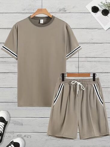 Men's Summer Contrast Color Patchwork Short Sleeve with Drawstring Casual T-Shirt And Shorts 2 Pcs Set Tracksuit in Kuwait