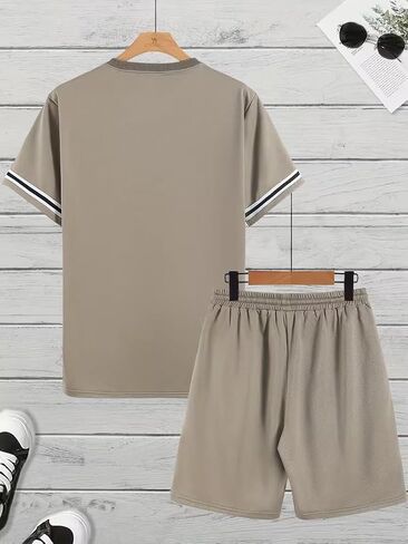 Men's Summer Contrast Color Patchwork Short Sleeve with Drawstring Casual T-Shirt And Shorts 2 Pcs Set Tracksuit in Kuwait