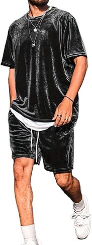 Men's street retro short sleeved shorts set, velvet short sleeved round neck shirt pullover sweatshirt in Kuwait