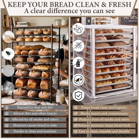 LemonRoad 1 Pcs 10 Tier Speed Rack Cover, Clear PVC Bun Bakery Rack Cover 23"w x 28"L x 33"h, Transparent Waterproof Bread Cart Dust Proof with 3 Zipper Access for Commercial Kitchen & Bakery in Kuwait