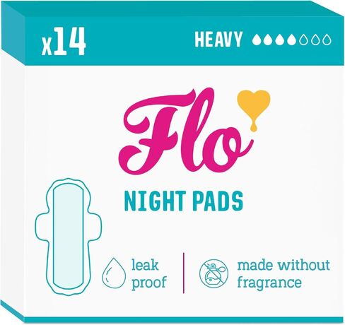 Flo - Night Menstrual Pads (80 Pack) - Organic Bamboo Period Pads for Women - Heavy Flow - Leak Locking - Winged, Ultra-Thin - Absorbent, Soft & Breathable - Plant Based – Vegan, Cruelty Free in Saudi Arabia