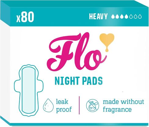 Flo - Night Menstrual Pads (80 Pack) - Organic Bamboo Period Pads for Women - Heavy Flow - Leak Locking - Winged, Ultra-Thin - Absorbent, Soft & Breathable - Plant Based – Vegan, Cruelty Free in Saudi Arabia