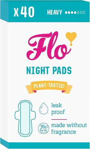 Flo - Night Menstrual Pads (80 Pack) - Organic Bamboo Period Pads for Women - Heavy Flow - Leak Locking - Winged, Ultra-Thin - Absorbent, Soft & Breathable - Plant Based – Vegan, Cruelty Free in Saudi Arabia