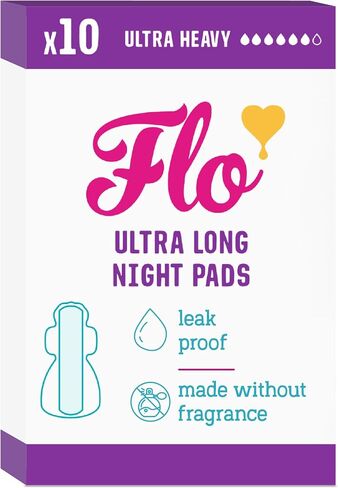 Flo - Night Menstrual Pads (80 Pack) - Organic Bamboo Period Pads for Women - Heavy Flow - Leak Locking - Winged, Ultra-Thin - Absorbent, Soft & Breathable - Plant Based – Vegan, Cruelty Free in Saudi Arabia