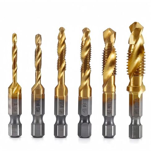 6PCS Drill Tap Combination Bit Set Efficient Screw Tapping Durable Multi Size for Metal Wood Plastic Home Repair Automotive, Golden in Kuwait
