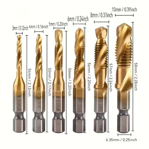 6PCS Drill Tap Combination Bit Set Efficient Screw Tapping Durable Multi Size for Metal Wood Plastic Home Repair Automotive, Golden in Kuwait