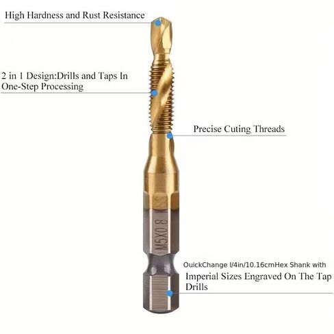 6PCS Drill Tap Combination Bit Set Efficient Screw Tapping Durable Multi Size for Metal Wood Plastic Home Repair Automotive, Golden in Kuwait