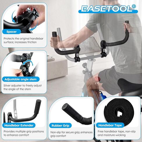موسع المقود EASETOOL® لدراجة التمارين الداخلية، زاوية قابلة للتعديل - خيارات قبضة متعددة لتخفيف إجهاد الظهر. هيكل من الألومنيوم مع مقبض مطاطي مضاد للانزلاق وشريط إضافي، يناسب المقود مقاس 26 إلى 32 مم in Kuwait