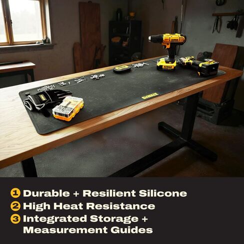 DEWALT Workbench Mat 18x48 in – Heavy Duty 3mm Silicone Work Bench Mat with SAE & Metric Rulers, Oil Heat Chemical Resistant, Non-Slip Grip, Built-in Parts Slots, Workbench Protector Mat, Black in Kuwait