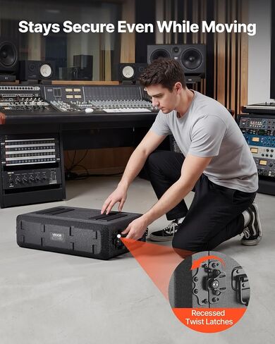 VEVOR 2U Rack Case, 12 in Depth, Rackmount Flight Case Shallow Rack with Microphone Compartment, Polyethylene Construction, Recessed Latches, Easy Installation, for Amplifier, 8.7 in Internal Depth in Kuwait