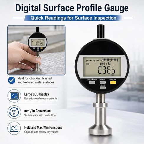 TsoLay High Accuracy Roughness Gauge, Portable Surface Roughness Tester with LED Display, Measuring Range 0-6.5mm, ±0.003mm Measurement Accuracy, Support USB Data Output for Shot Peening in Kuwait