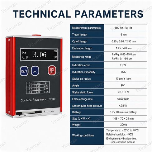 Portable Surface Roughness Tester, Digital Surface Finish Meter with Ra Rz Rq Rt, 0.25/0.80/2.50mm Cutoff Lengths, Handheld Profilometer for Machined Metal Inspection in Kuwait