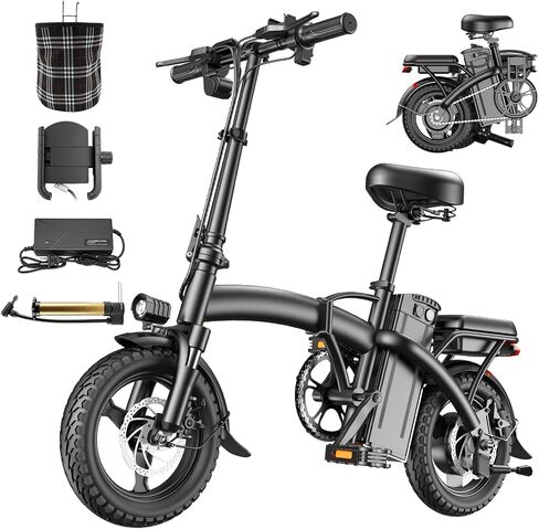 H14 Electric Bike for Adults, Peak 1200W/1500W 25 MPH Folding Electric Bikes for Adults, 48V 10A(480WH) Ebike, 45 Miles(PAS) E Bike, 11-Level Full Suspension E-Bike, 14"×2.0" Folding Ebike for Teens in Kuwait