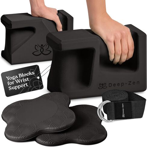 PRO Yoga Blocks | Ergonomic Yoga Block 2 Pack for Wrist Comfort and Support | EVA Foam Exercise Blocks, 2x Knee Pads & Yoga Strap | Pilates Block Set | Bricks to Eliminate Wrist Pain in Kuwait