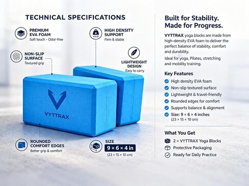 Yoga Blocks Set of 2, High Density EVA Foam Yoga Block, Non-Slip, Lightweight, for Yoga, Pilates, Stretching & Balance Training (Blue 9x6x4 inch) in Kuwait