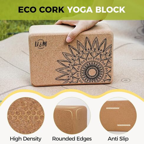 U&M Cork Yoga Blocks 2 Pack Set,Natural Cork High Density 9"x6"x3" Yoga Blocks Odor-Resistant Non-Slip for Yoga, General Fitness, Pilates, Stretching and Toning (sunflower, 9'x6'x3') in Kuwait