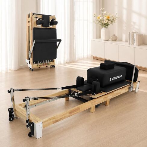 97 Inch Foldable Wooden Pilates Reformer Machine with Jump Board, Sitting Box and Yoga Block - Easy Assembly Home Gym Equipment, Solid Wood Frame, 500 LBS Capacity in Kuwait